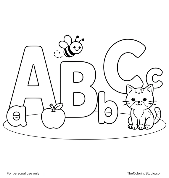 Large ABC letters with lowercase pairs, an apple, a bee, and a cat on a simple white background.