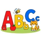Large ABC letters with lowercase pairs, an apple, a bee, and a cat on a simple white background.