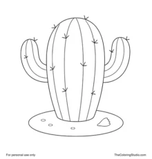 Cactus with rounded side arms, sparse spine marks, and a small sand patch on a white background.