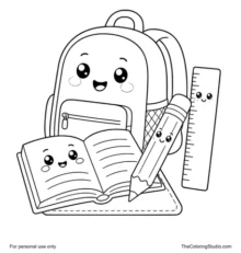 Backpack, open book, pencil, and ruler grouped together with friendly faces on a white background.