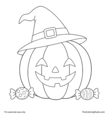 Friendly jack o lantern with a purple witch hat and two wrapped candies on a white background.