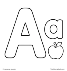 Uppercase A and lowercase a with a small apple on a white background.