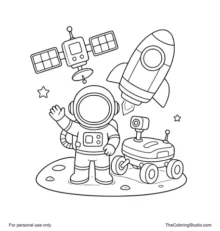 Astronaut, spaceship, satellite, and Mars robot grouped together on a simple white background.