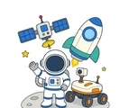 Astronaut, spaceship, satellite, and Mars robot grouped together on a simple white background.
