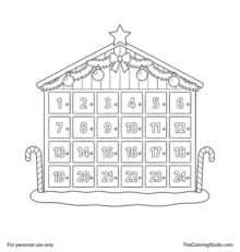 House-shaped Advent calendar with 24 numbered doors, garland, ornaments, a star and two candy canes.