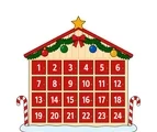 House-shaped Advent calendar with 24 numbered doors, garland, ornaments, a star and two candy canes.