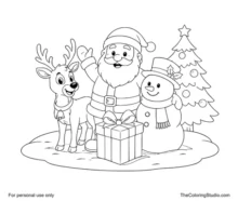 Santa with a reindeer, snowman and wrapped gift arranged together in a festive Christmas scene.