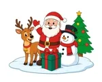 Santa with a reindeer, snowman and wrapped gift arranged together in a festive Christmas scene.
