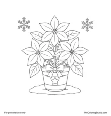 Potted Christmas poinsettia with three red flower heads, eight green leaves, a ribbon and two snowflakes.