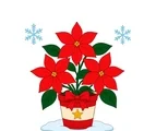 Potted Christmas poinsettia with three red flower heads, eight green leaves, a ribbon and two snowflakes.