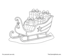 Classic Christmas sleigh with four wrapped gifts, curved runners, a brass bell and a gold star emblem.