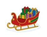 Classic Christmas sleigh with four wrapped gifts, curved runners, a brass bell and a gold star emblem.