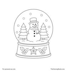 Christmas snow globe with a snowman, two evergreen trees, falling snow, holly and a star-decorated base.