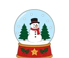 Christmas snow globe with a snowman, two evergreen trees, falling snow, holly and a star-decorated base.