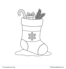 Large Christmas stocking with striped bands, a snowflake emblem, candy cane, gift and evergreen sprig.
