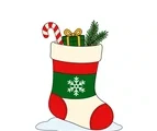 Large Christmas stocking with striped bands, a snowflake emblem, candy cane, gift and evergreen sprig.