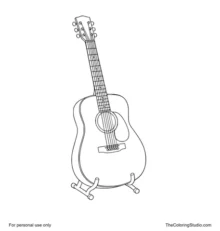Classic wooden acoustic guitar on a simple stand with six strings, light fretboard, sound hole, pickguard, and bridge.