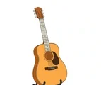 Classic wooden acoustic guitar on a simple stand with six strings, light fretboard, sound hole, pickguard, and bridge.
