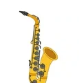 Classic golden alto saxophone with curved neck, dark mouthpiece, grouped keys, lower bow, and flared bell.