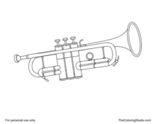 Classic golden trumpet with three valves, curved tubing, mouthpiece, tuning slides, finger hook, and flared bell.