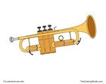 Classic golden trumpet with three valves, curved tubing, mouthpiece, tuning slides, finger hook, and flared bell.