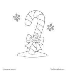 Large striped candy cane with a green bow, holly leaves, red berries and two simple snowflakes.