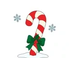 Large striped candy cane with a green bow, holly leaves, red berries and two simple snowflakes.