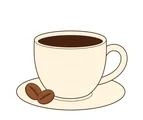 Coffee cup with a dark coffee surface, oval saucer, and two coffee beans on a white background.