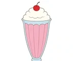 Pink milkshake in a fluted glass with whipped cream and a cherry on a white background.