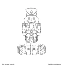 Full-body Christmas nutcracker with tall hat, toy drum, crossed drumsticks and two wrapped gifts.