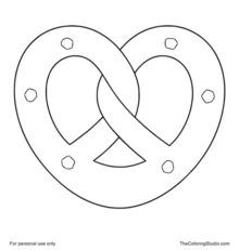 Large golden-brown soft pretzel with a clear twist and six cream salt crystals on a white background.