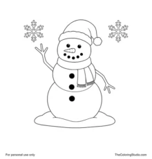 Classic snowman with a red hat, green scarf, three coal buttons, branch arms and two snowflakes.