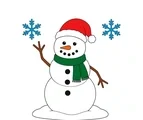 Classic snowman with a red hat, green scarf, three coal buttons, branch arms and two snowflakes.