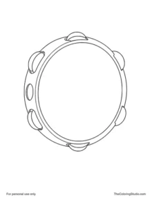 Classic tambourine with a round wooden frame, cream drumhead, thumb hole, and six evenly spaced jingle pairs.