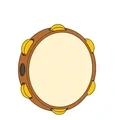 Classic tambourine with a round wooden frame, cream drumhead, thumb hole, and six evenly spaced jingle pairs.