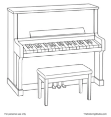Classic wooden upright piano with a clear keyboard, three pedals, music rest, and matching bench.