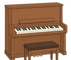 Classic wooden upright piano with a clear keyboard, three pedals, music rest, and matching bench.