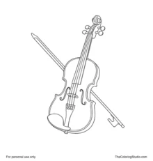 Classic wooden violin with four strings, bridge, f-holes, chin rest, tuning pegs, and a simple bow.