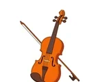 Classic wooden violin with four strings, bridge, f-holes, chin rest, tuning pegs, and a simple bow.