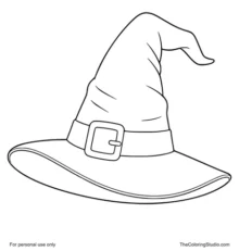 Classic purple witch hat with an orange band and yellow buckle centered on a white background.