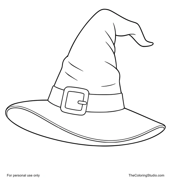 Classic purple witch hat with an orange band and yellow buckle centered on a white background.