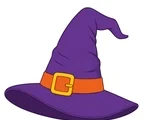 Classic purple witch hat with an orange band and yellow buckle centered on a white background.