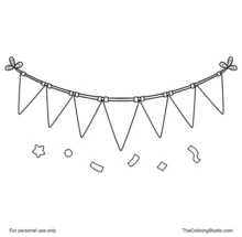 Curved birthday banner with seven colorful triangular pennants and confetti on a white background.