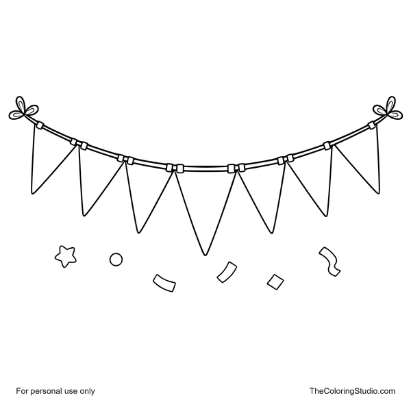 Curved birthday banner with seven colorful triangular pennants and confetti on a white background.