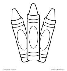Three colorful crayons with rounded tips and plain labels on a white background.