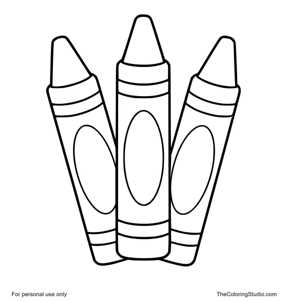 Three colorful crayons with rounded tips and plain labels on a white background.