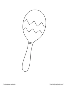 Colorful maraca with a rounded shaker head, broad zigzag band, wooden handle, and simple flat color regions.