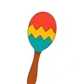 Colorful maraca with a rounded shaker head, broad zigzag band, wooden handle, and simple flat color regions.