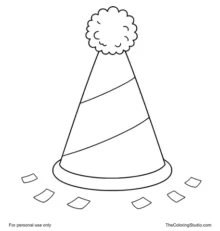 Cone-shaped birthday party hat with broad color bands, a top pom-pom, and confetti on a white background.