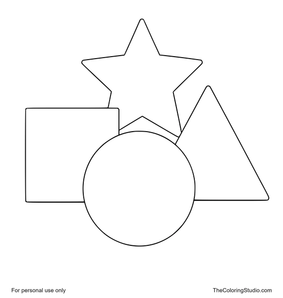 Blue circle, orange square, yellow triangle, and red star arranged in a compact layered group on a white background.